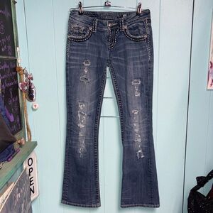 Miss Me Distressed Flare Jeans in Blue
